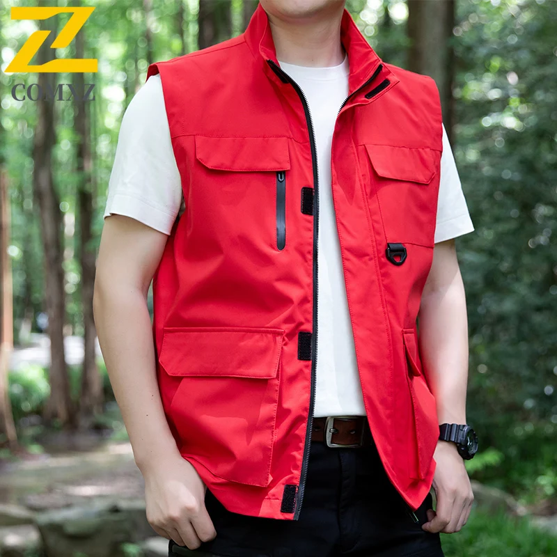 COMXZ 2025 New Zhongshan Vest Men Large Pocket Outdoor Sport Casual Sleeveless Waistcoat Outdoor Lightweight Sleeveless Workwear
