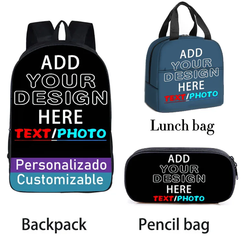 

Customize Logo/ Name/ Image Backpack 3pcs/Set Children Pencil Bag Lunch Bags Boys Girls BookBag Storage Bags Gift