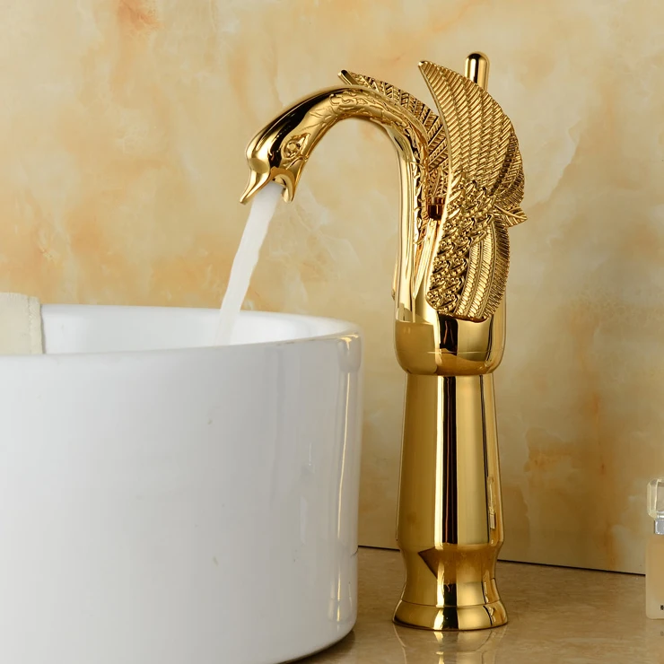 

Tall Polished Gold Color Brass Carved Art Animal Swan Style Bathroom Sink Basin Mixer Tap Faucet One Hole Single Handle mnf179