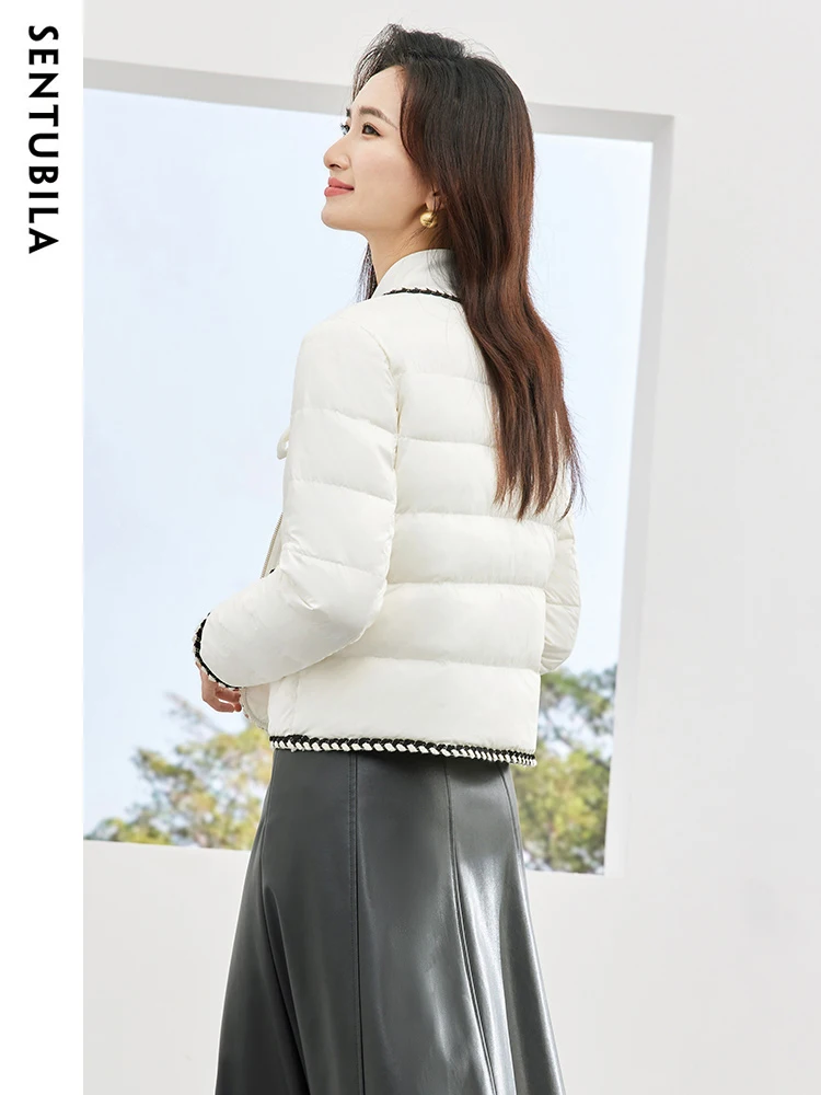 SENTUBILA Women's White Duck Down Coat 2023 Autumn Winter Simple Cropped O-Neck Fashion Zipper Down Jacket Office Lady W34Y49693