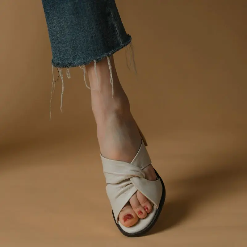 cowhide-slippers-open-toe-women-shoes-french-style-summer-slippers-retro-shoes-woman-pleated-sandals-summer-women-pumps-sandals