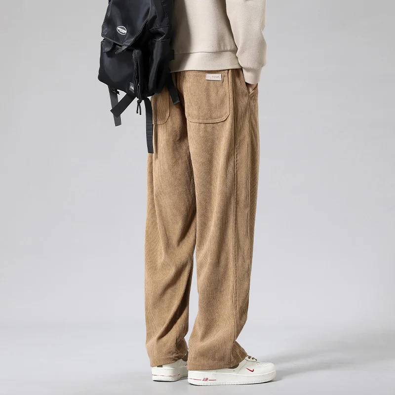 Wide Leg Pants Men Autumn and Winter High Waisted Elastic Pocket Patchwork Drawstring Solid Color Loose Straight Leg Pants