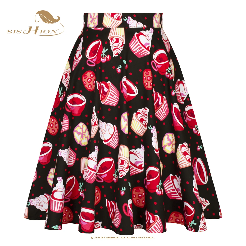 

SISHION 2023 Black Cherry Print Summer Women Skirt VD0020 High Waist Cupcake Polka Dots 50s 60s Retro Rockabilly Vintage Skirts