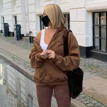 Women s Street Style Solid Color Hooded Long Sleeve Sweatshirt Loose Zipper Jacket Comfortable Casual Fashion Daily Wear
