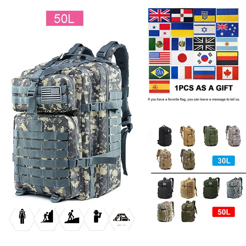 

30L/50L Travel Outdoor Hiking Backpacks Camouflage Tactical Knapsack Hiking New Portable MOLLE 3P Tactical Pack Travel Bag