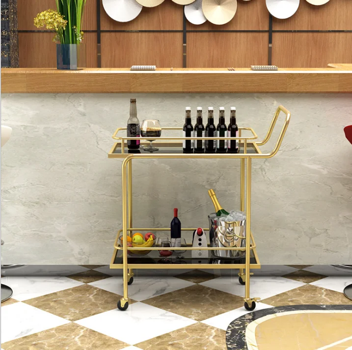 Hotel Gold Iron Portable Utility Movable 2 Tier Trolley Rolling Cart Bar Cart Rack Storage