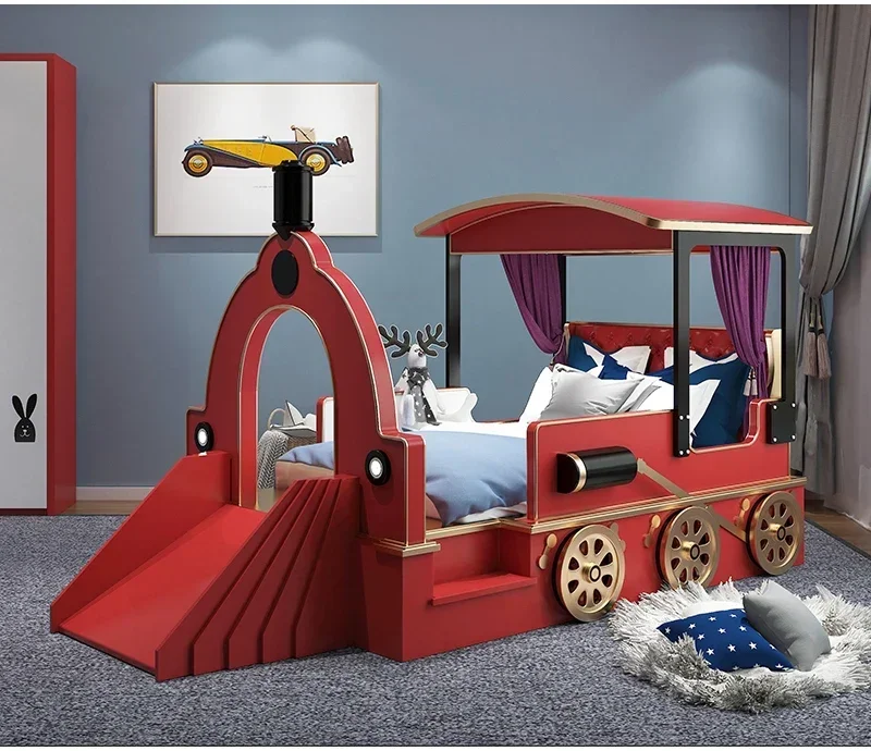 Luxury Children Bedroom Furniture Sets Double Bed Simulation Car Modeling and Slide Design Solid Wood Kids Bed Blue for Boy