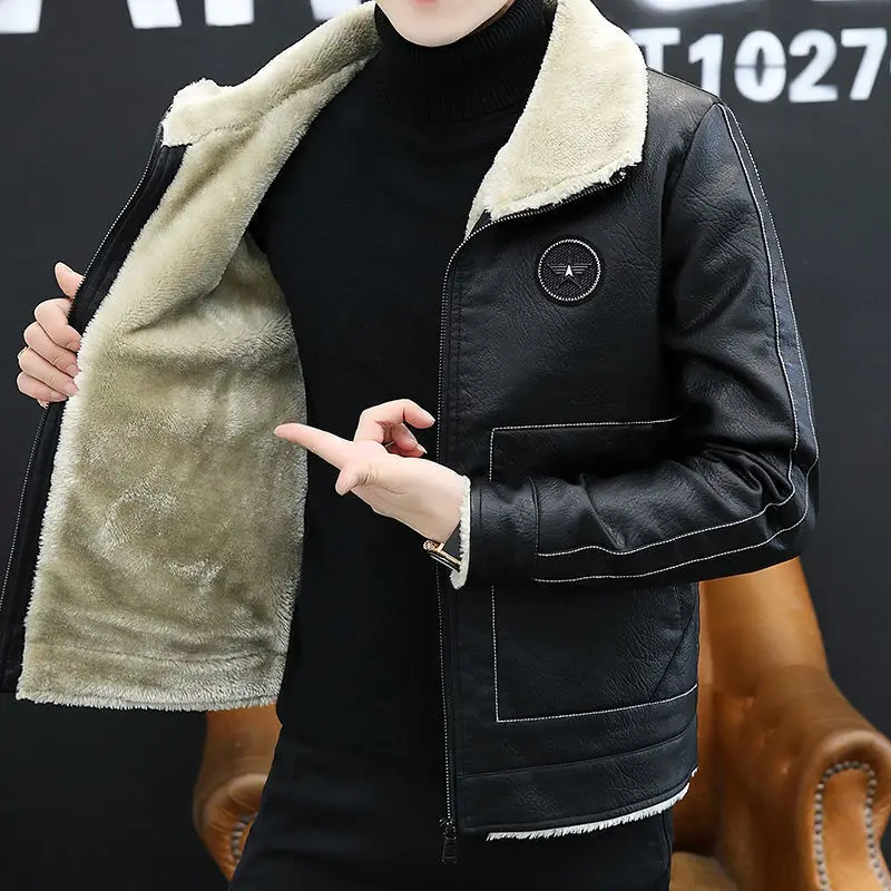 2023 New Lapel Leather Coat Men Fur Integrated Lamb Wool Outcoat Winter Men Large Size Thicken Fleece-Lined Motorcycle Jacket