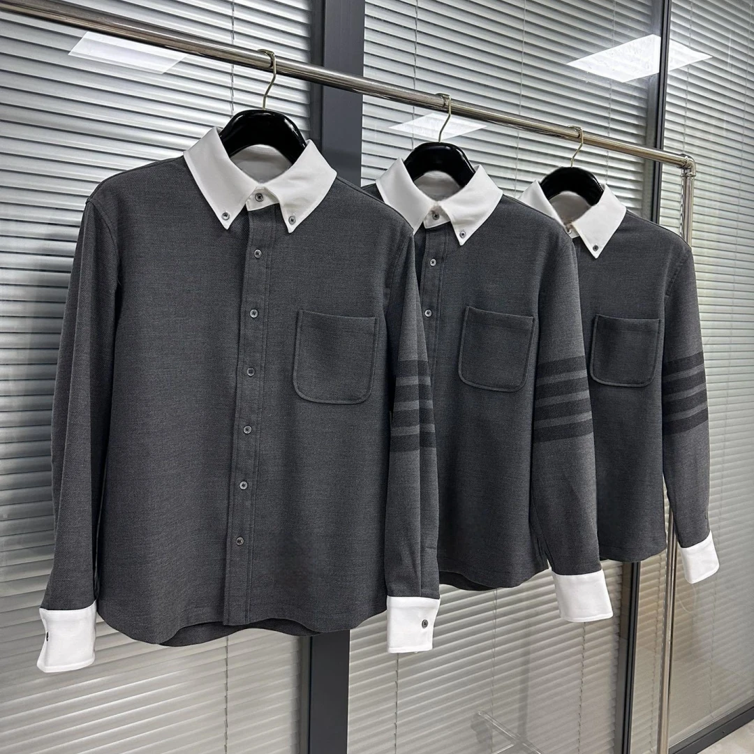 

TB THOM Men Shirts Autumn Winter New Men's Long-sleeved Tb Shirt Plus Velvet Casual Handsome Shirt Thick Warm Coat Trend