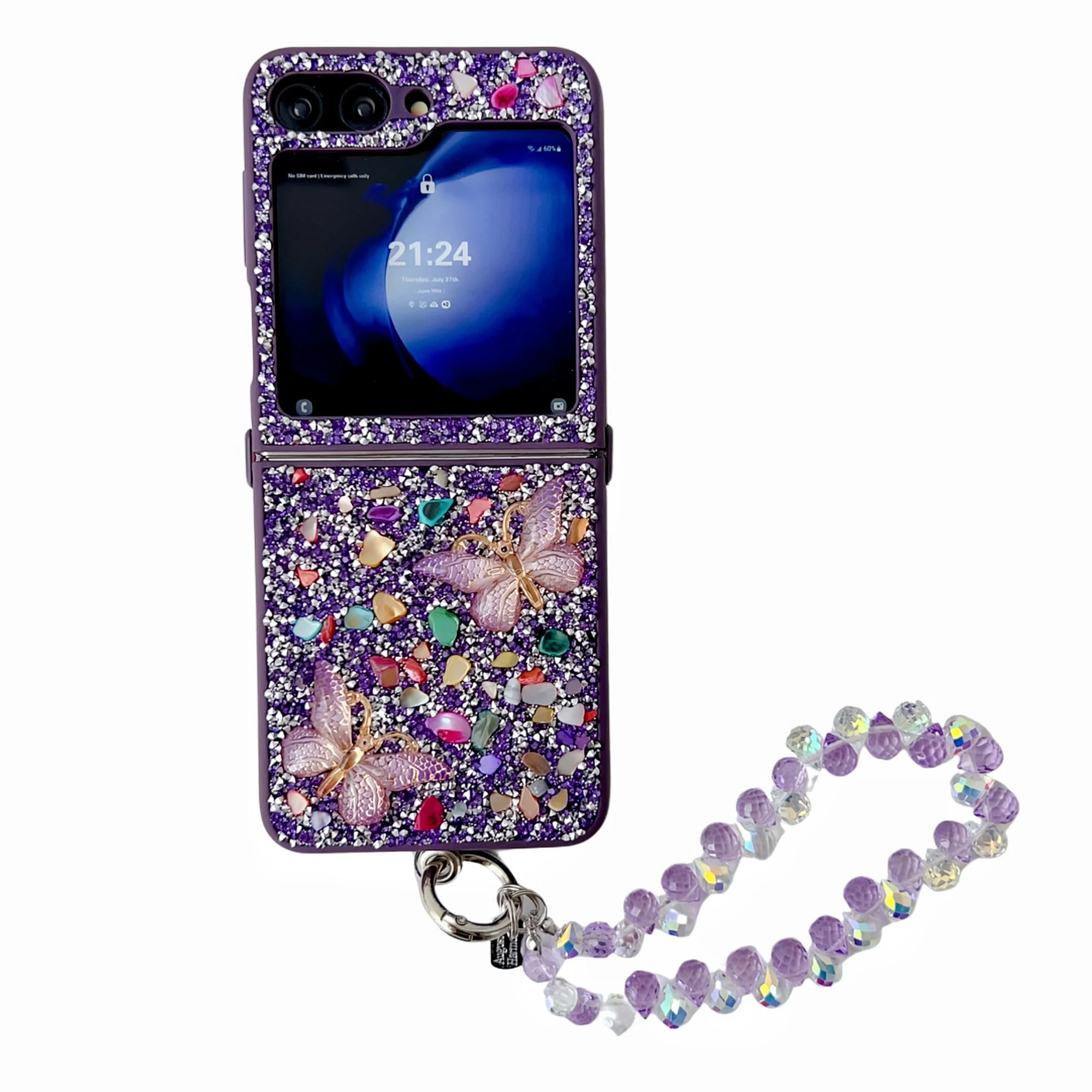 Per Samsung Galaxy Z Flip 3 4 5 6 Custodia per telefono con cinturino a farfalla in pietra colorata e cristallo scintillante elegante e carina_voghion.com