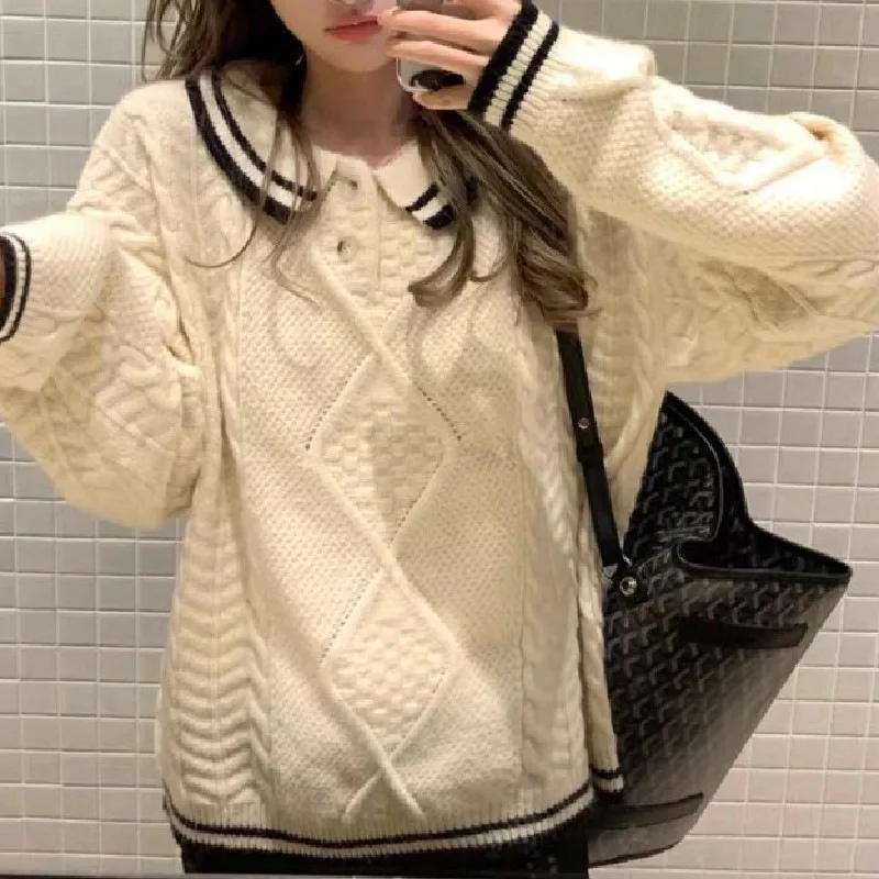 

New POLO Collar Knitted Sweater Pullover Cute Contrast Color Fashion Age Reducing Contrast Color Shirt