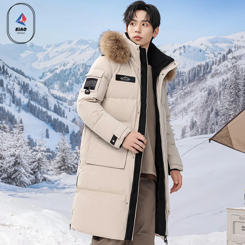 EIAO Winter Outdoor Long Down Jacket Men High-end Snow Thick White Duck Down Warm Coat Hiking Climbing Multi-pocket Puffer Parka