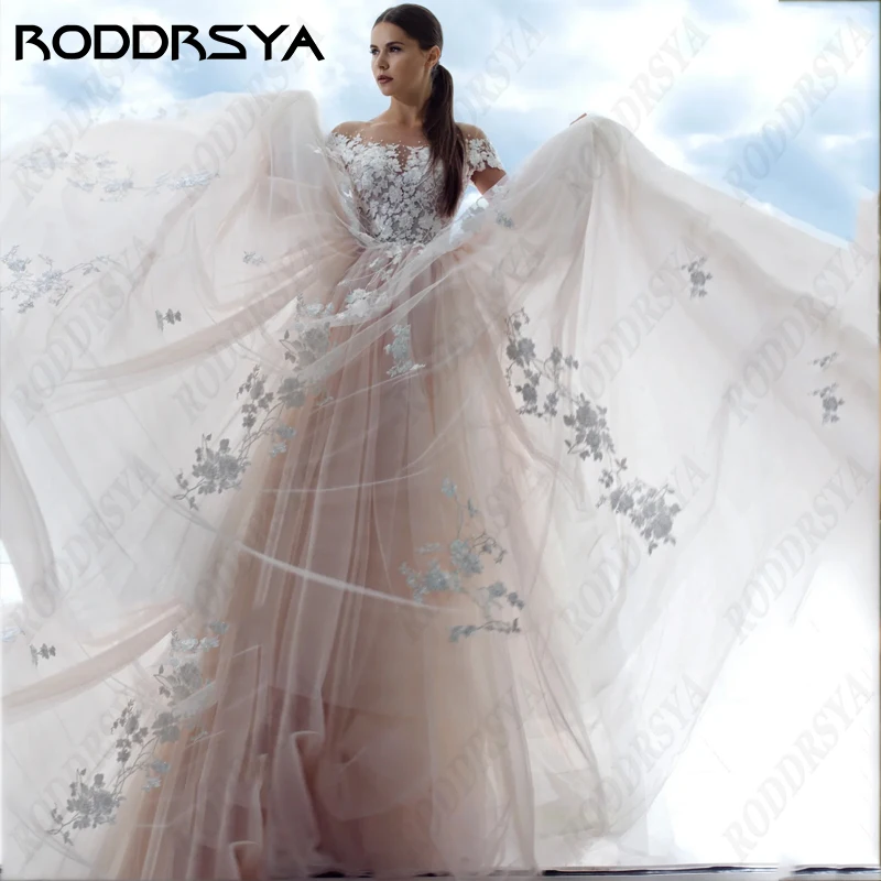 

RODDRSYA Illusion Wedding Dress for Bride Tulle with Lace Applique Bridal Gown A-line Cap Sleeve Scoop-Neck Vestidos Novias Boda