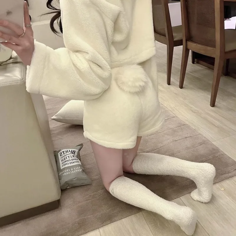 Pajama Sets Women Kawaii Sleepwear Hooded Tender Cozy Loose Fashion Japanese Style Simple Girlish Soft Aesthetic Home Students images - 6