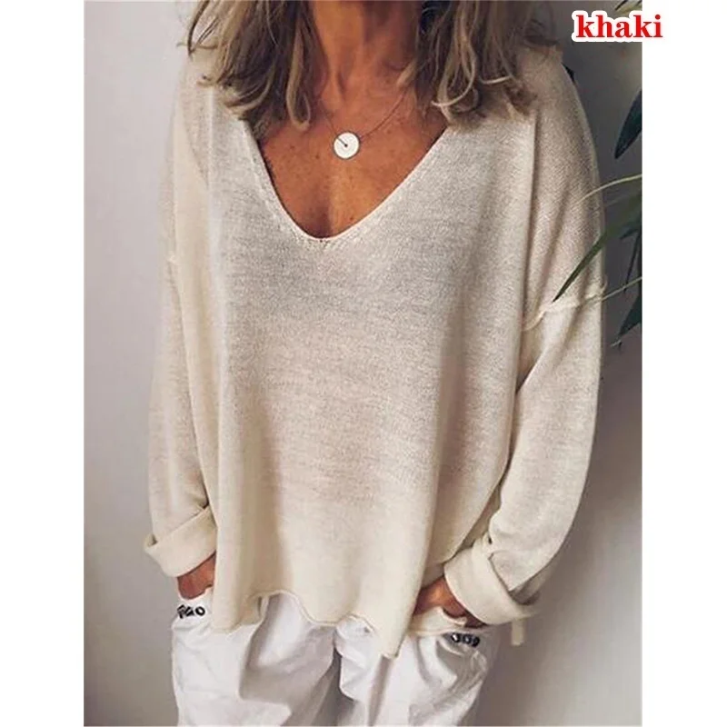 2023 Summer New Women T-Shirt Autumn Solid Color Casual Versatile  Loose Tops V-Neck Blouses Long Sleeve Shirt