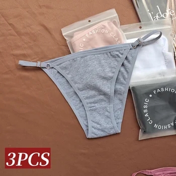 3Pcs/Set Women Cotton Panties Adjustable Metal Thin Strap Briefs Ladies Sexy Lingerie Minimal Bikini Solid Color Underwear S-XL