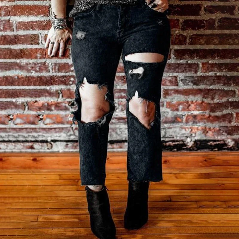 

Black Ripped Straight Jeans For Women Spring And Summer New High Street Design Lengthened Slimming Narrow Wide Leg Pants Black