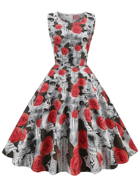 112750-a2dec7.jpg Tonval élégant années 50 Robe rétro vêtements Pinup été Robe florale col rond sans manches femmes coton Vintage imprimé robes