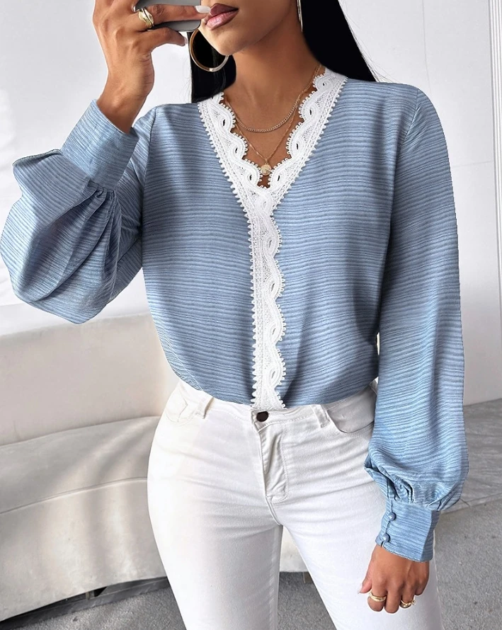 Women Blouse Casual Spring Summer Daily Fashion Contrast Paneled V-Neck Contrast Lace Buttoned Long Sleeve Loose Fit Tee Top