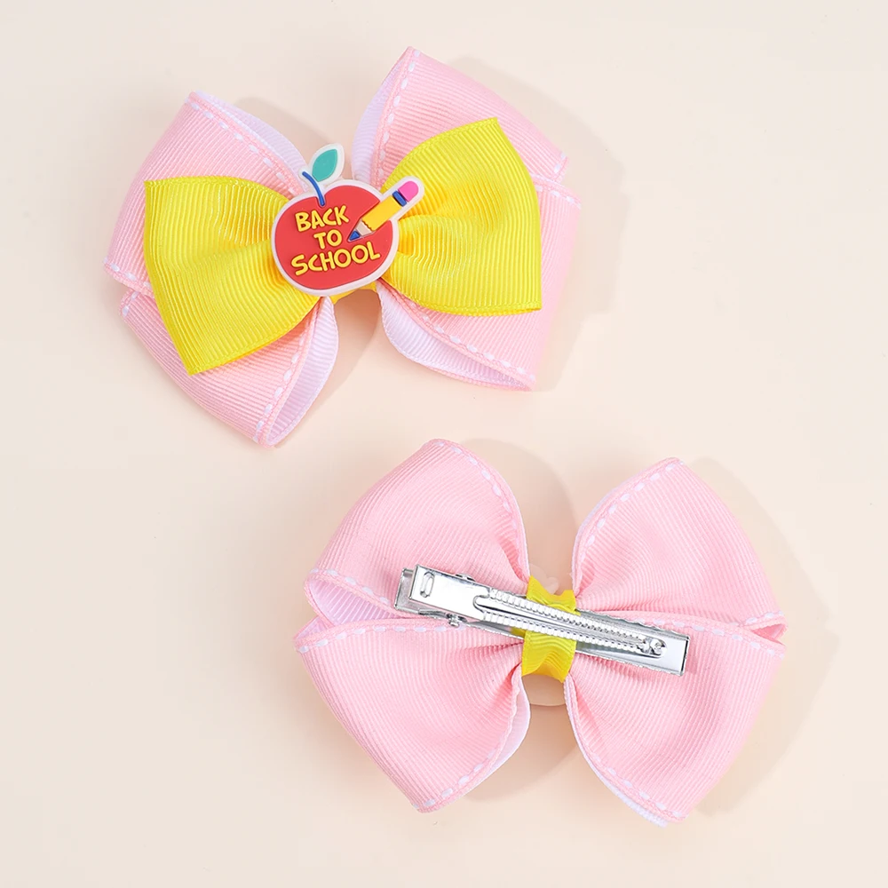 2Pcs Back To School Hair Clips Cute Sweet Pencil Apple Alphabet Bow Hairpins Ribbon Barrette For Girls Kids Headwear Accessories