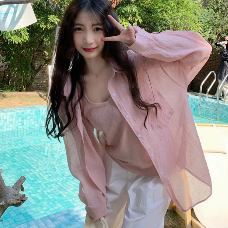 Rimocy Summer Korean Sun Protection Shirts Women 2024 Simple Solid Color Thin Blouse Woman Long Sleeve Loose Beach Shirt Mujer