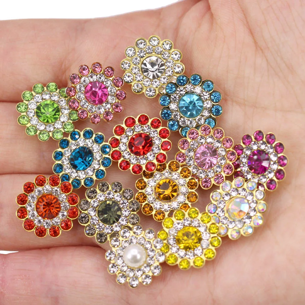 100pcs 14mm Crystal Sunflower Shape Rhinestone Buttons Sew On