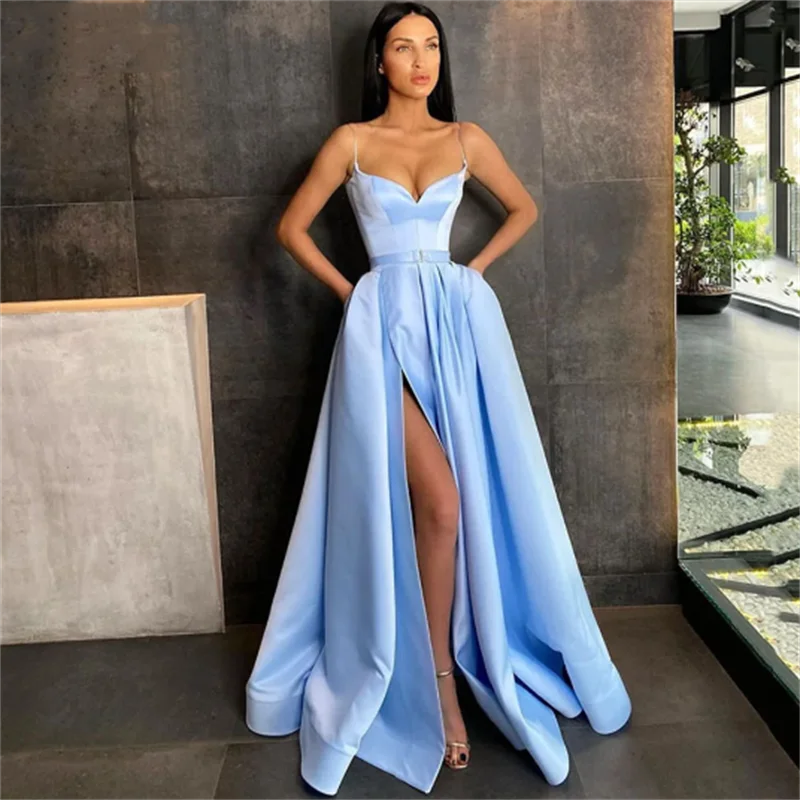

2023 Sexy Sweetheart Satin Party Dress Spaghetti Strap High Split A Line Prom Evening Gown