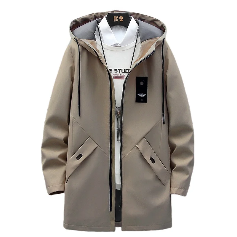 Spring Autumn Men's Mid Length Cargo Jacket Thin Trench Coat Solid Color Fashion Business Casual Handsome Slim Fit Hooded Jacket