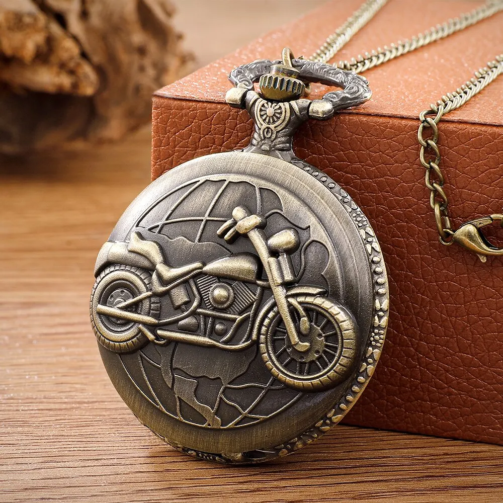 Pocket Watch Retro Motorcycle CAR Pattern Quartz Motorbike MOTO Design Pendant Fob Watch Chain Gifts for Men