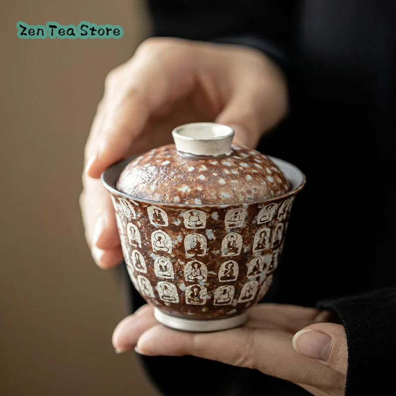 

Dunhuang чаша с крышкой из серебра миллиона Будды, ручная работа, шероховатая керамика, старинная глина, ретро чаша для чая, семейный чайный набор