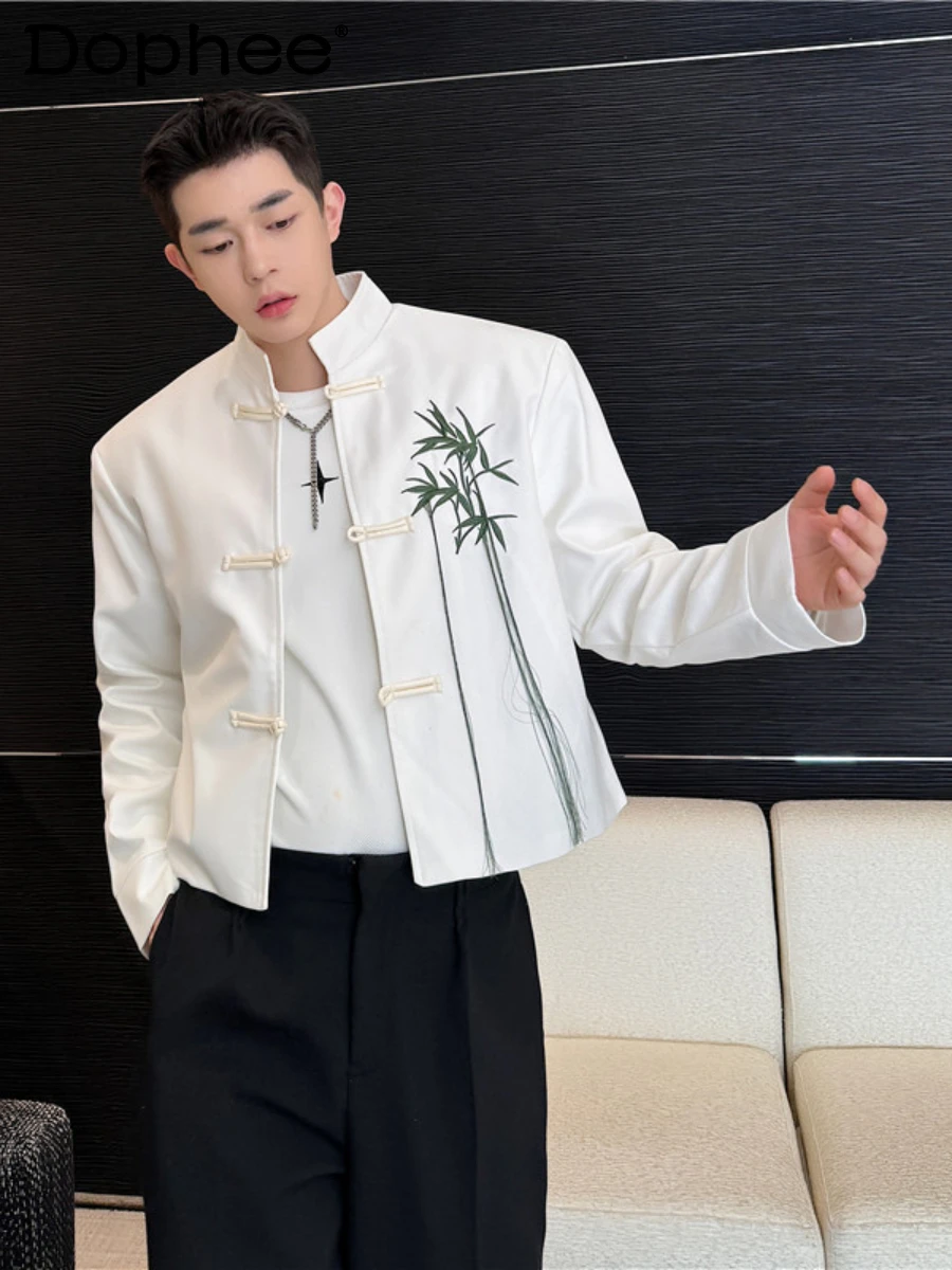 2024 Spring Men's Clothes High-End Button Stand Collar Jackets Trendy Male Bamboo Embroidery Tassel Long Sleeve Short Coats