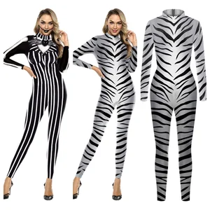 Women Men Animals Zebra Black and White Stripes 3D Printed Jumpsuit Adults Halloween Cosplay Costume for Dancing Party Dress Up