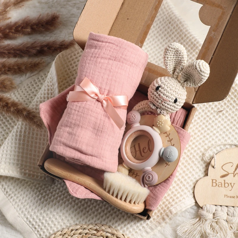 Baby Bath Set Kid Towel Cotton Blanket Bath Toy Baby Silicone Teether Rattle Baby Milestone Photography Supplies Baby Birth Gift