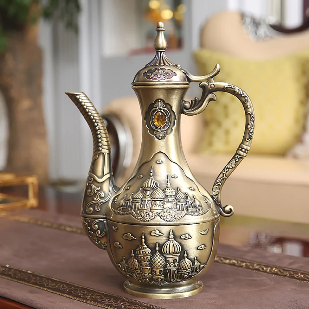 

ENERGE SPRING 750ml Large Liquor Wine Bottle Retro Bronze Flagon Vintage Alloy Antique Wine Jug European Art Wine Ware