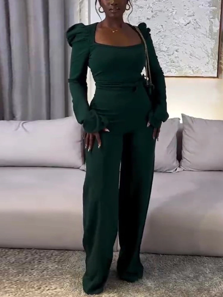 

Elegant Women Wide Leg Jumpsuits Vintage Square Collar Long Sleeve Puff Shoulder High Waist Feminine Leisure One Piece Outfit