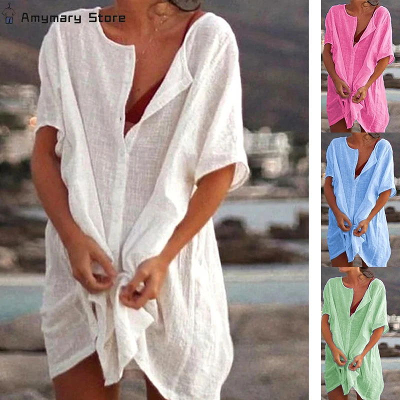

2024 Beach Cover Ups Swimsuit Cover Up Women Summer Beach Dress Bikini Cover-Ups Beachwear Swimming Smock T Shirt Swimwear