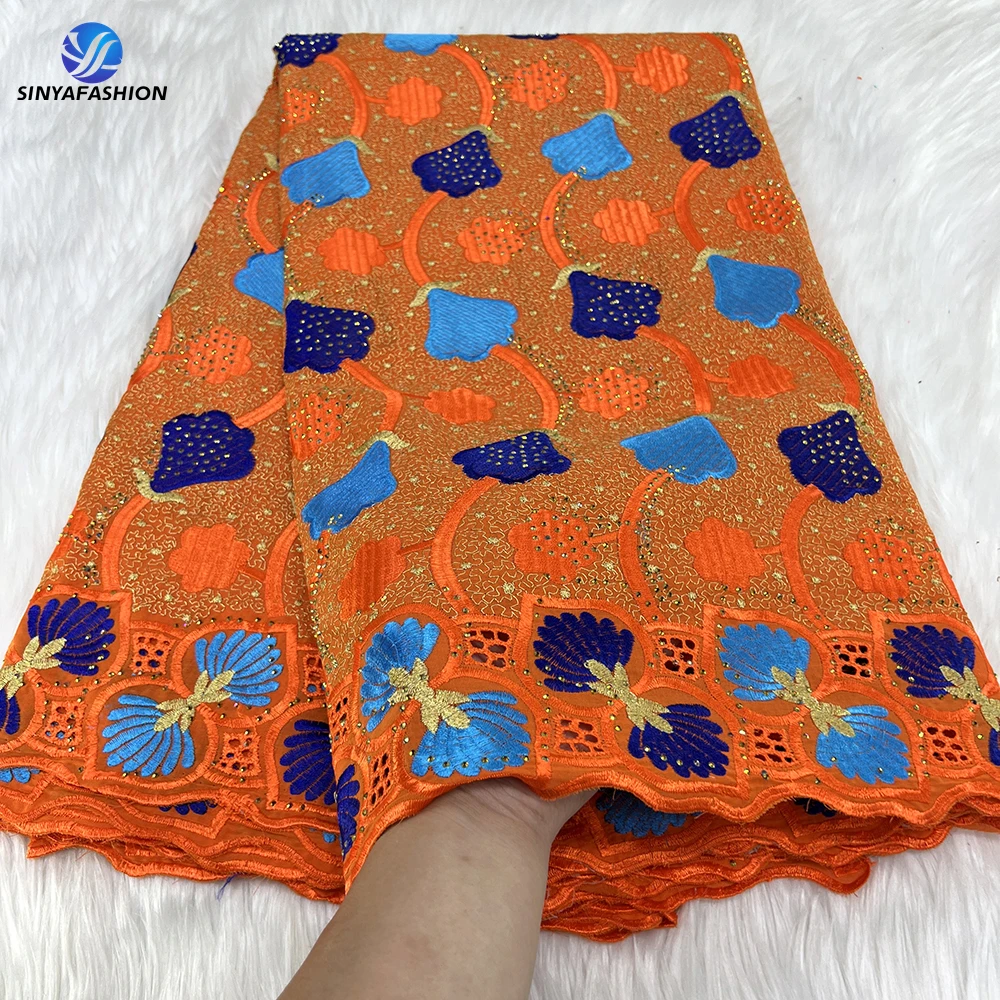 

Sinya Orange Nigerian Swiss Voile Lace Fabric 2024 High Quality Embroidery African Cotton Lace With Stones For Women Dress