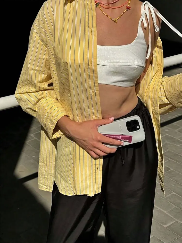 HH Yellow Striped Shirts For Women 2025 New Fashion Blouse Loose Casual Single-Breasted Long Sleeve Shirt Office Lady Tops