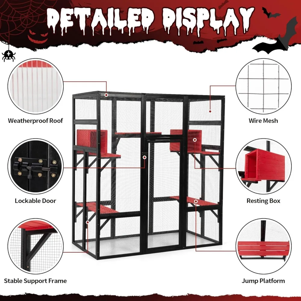 70Inches Large Spacious Wooden Catio Outdoor Cat Enclosure with Perches and Condos, Cat Cage Indoor with Waterproof Roof