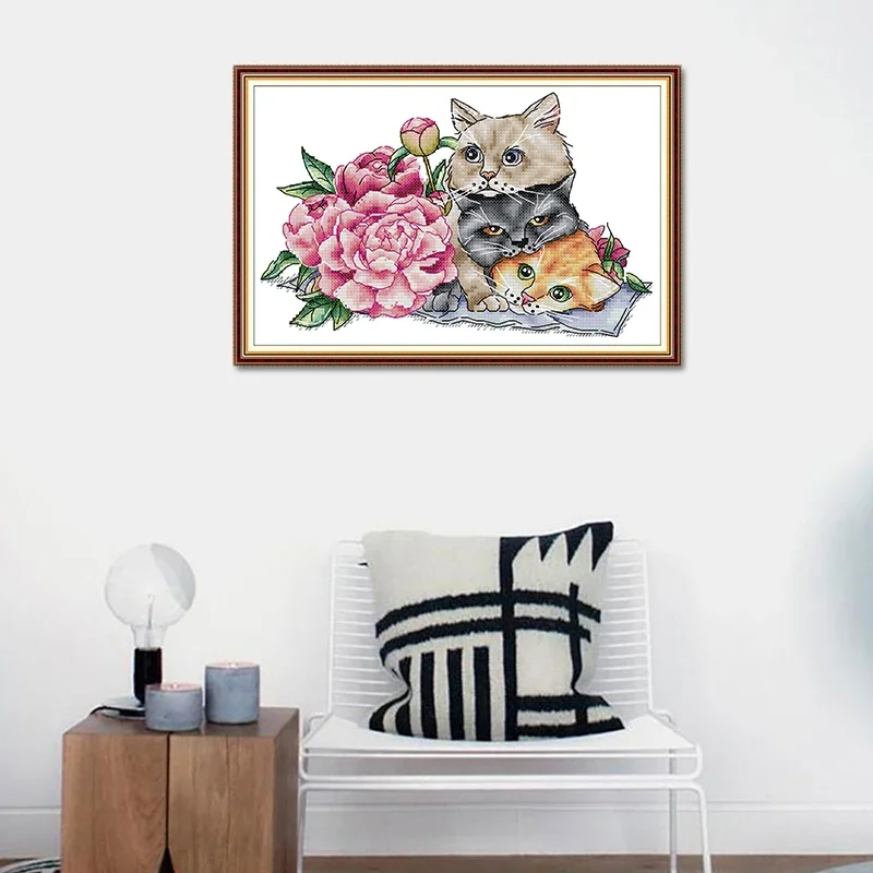 Joy Sunday Niedliche Katzen DIY Home Deco Gemälde gezählt auf Leinwand gedruckt DMC 14CT 11CT Kreuzstich-Handarbeitssets Stickset