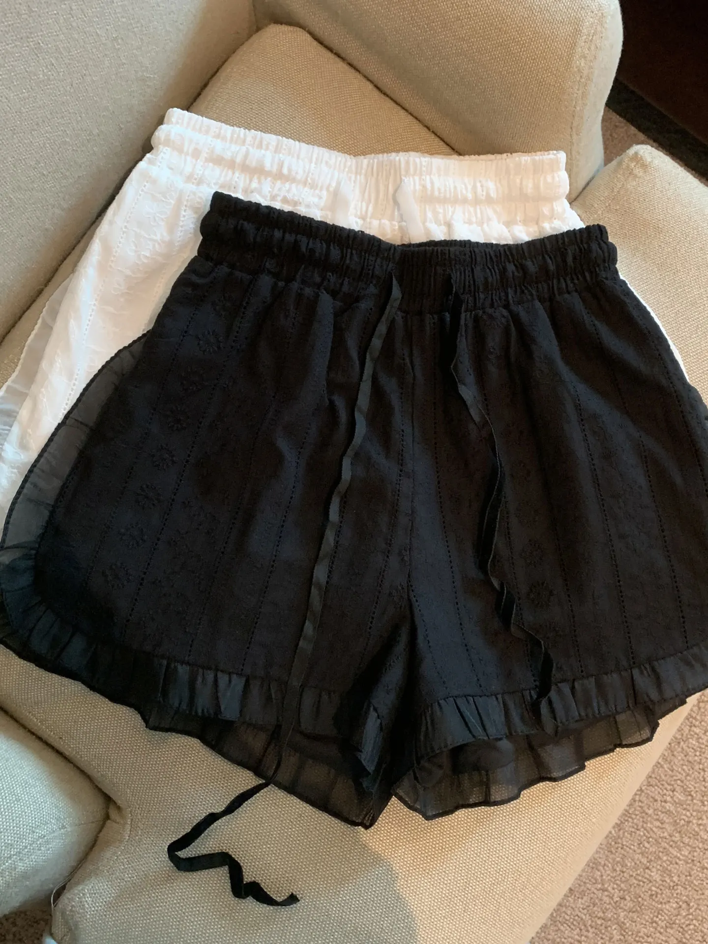 Lace Trim Hollow out orts Women's Summer Thin Season High Waist A-Line Wide Leg Pants Dstring Elastic Casual Trousers