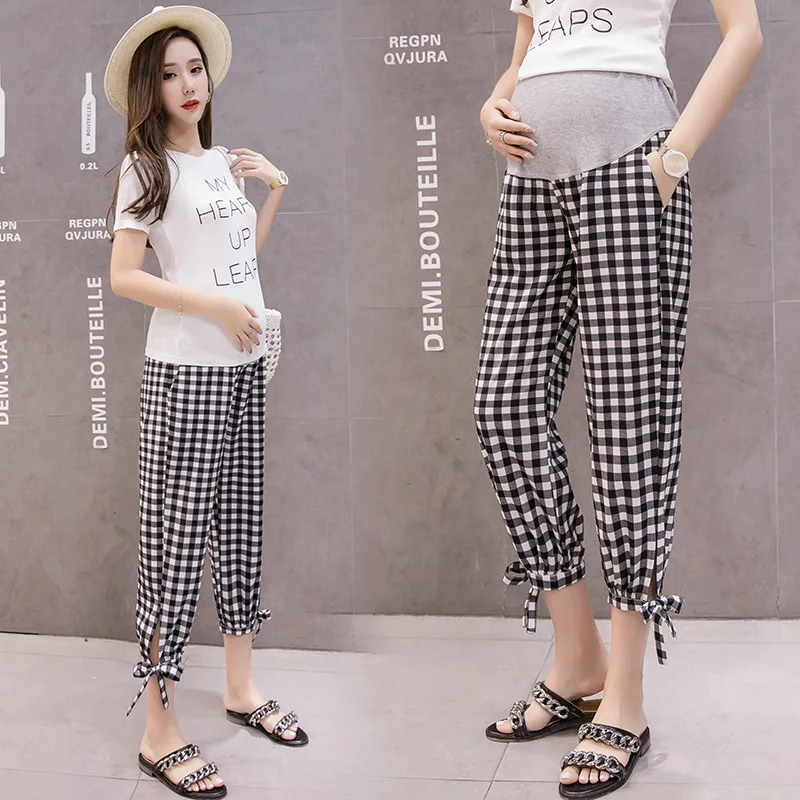 

Pregnant Woman Pregnancy Pant High Waist Thin Loose Fashion Plaid Belly Trousers Floor-length Maternity Wide Legs Pants Summer