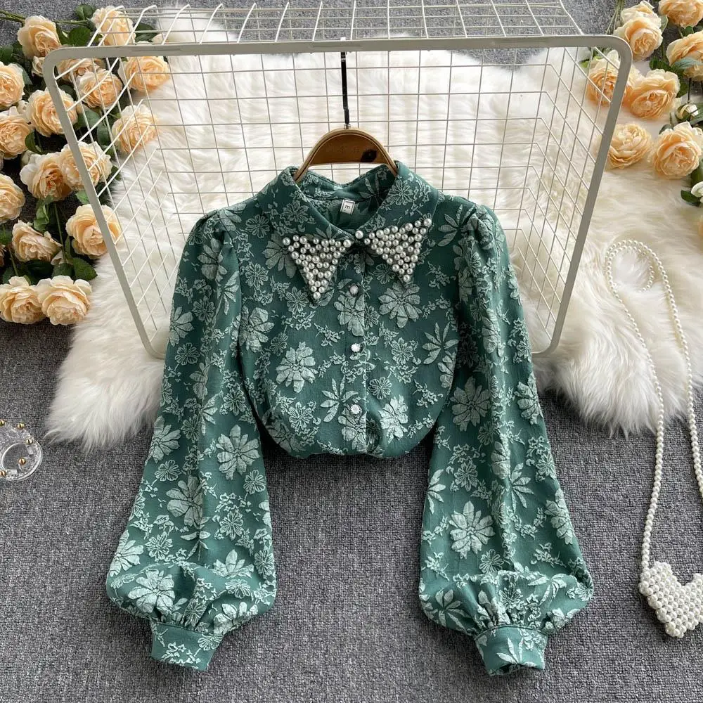 

Print Blouses French Vintage Jacquard Celebrity Style Beaded Polo Neck Shirt Women's Design Sense Small Loose Bubble Sleeve Top