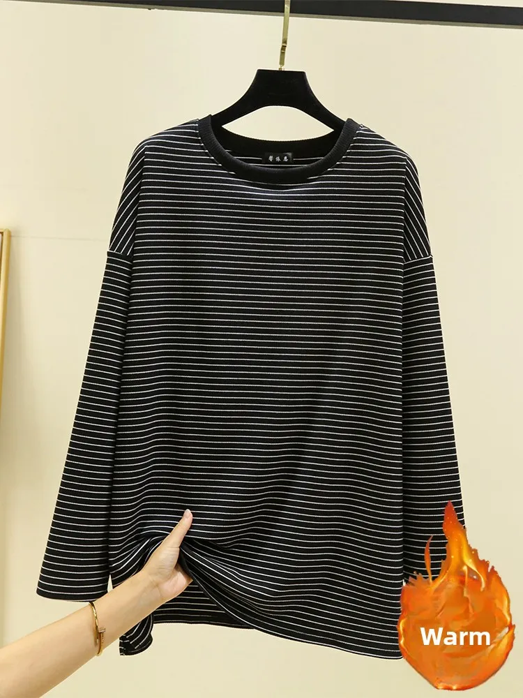 Thiened Fce round Ne Warm Striped Base irt Women's Winter Loose Fit Long Sve T-irt Casual Sle plus Size