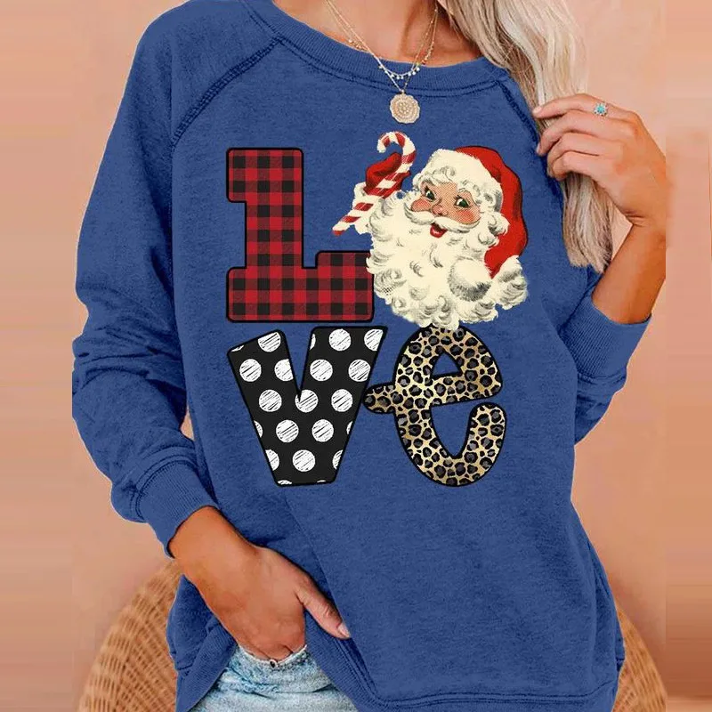 

2022 Autumn Women's Fashion Santa Claus Print Loose Casual Round Neck Long Sleeved T-shirt