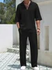 2025 New Spring summer Men's retro casual suit collar solid color half-sleeved shirt loose drawstring pants Two-piece beach Suit 3