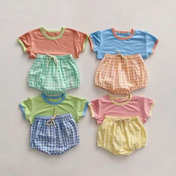 2025 Summer New Baby Short Sleeve Clothes Set Infant Girl Solid T Shirts + Plaid Shorts 2pcs Suit Toddler Boy Pp Pants Outfits