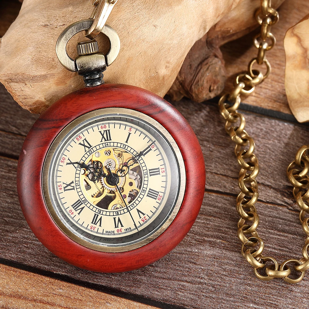 Vintage Solid Wood Mechanical Pocket Watch Gold Chains FOB Hand Winding Steampunk Skeleton Clock Pendant Romans Men Women Gifts