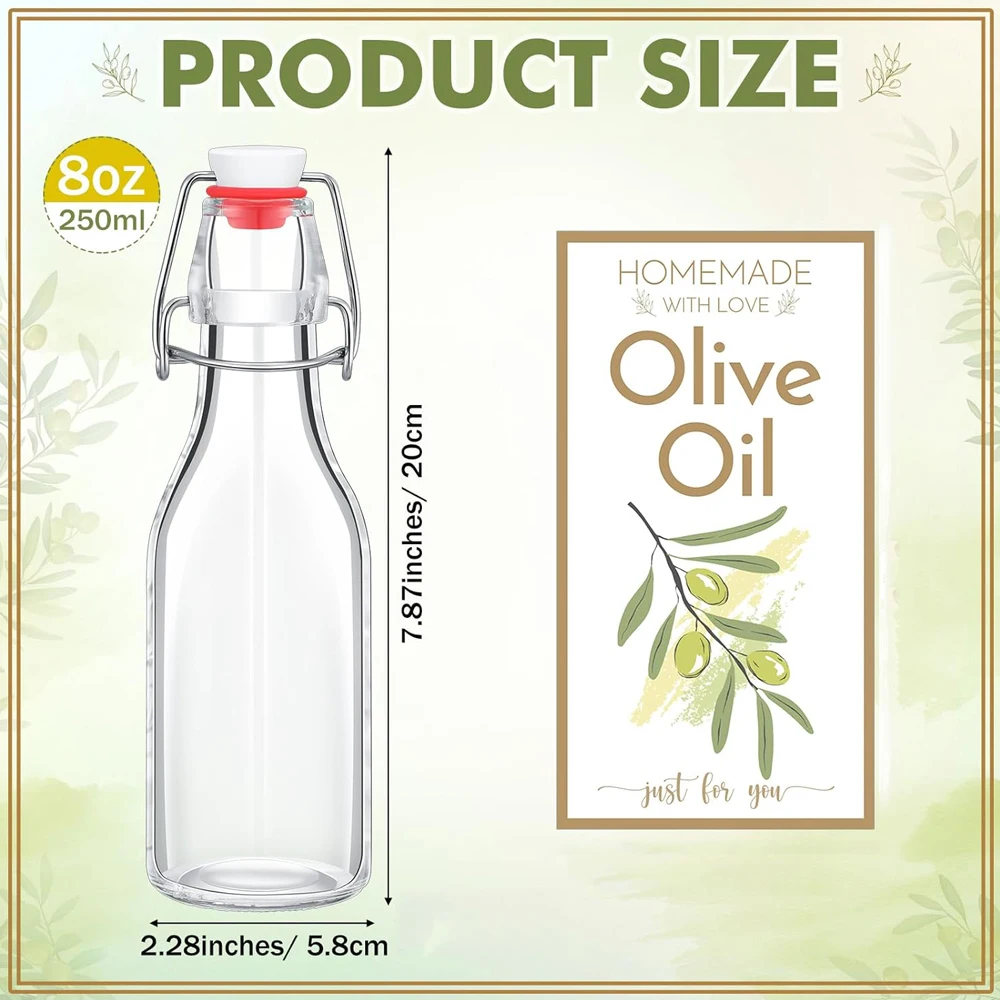 Swing Top Glass Bottles for Olive Oil Homemade 8 oz Clear Flip Top Bottles with Airtight Lids Labels for Storing Homemade Oil 2