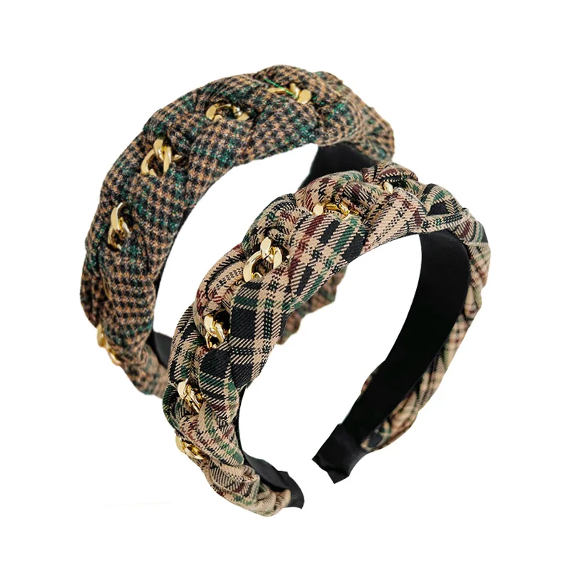 

Retro Plaid Headband Stylish Headwear Metal Chain Decorated Braided Hairband Fashion Hair Accessories for Women Headbands